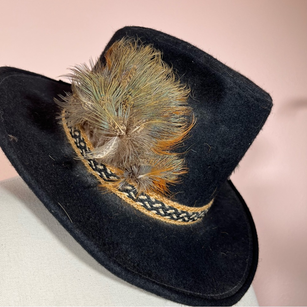 Vintage Black Felt Double Feather Western Cowboy Hat eclectic grandpa festival